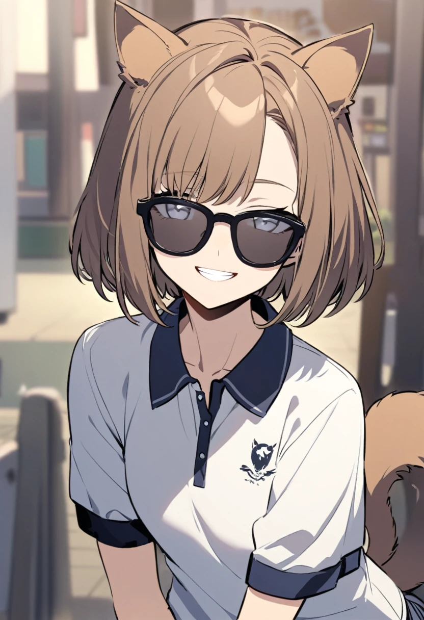 older sister, alone, Brown Hair, Bob Hair, sunglasses, White eyes, Polo shirt, Animal Ears, tail, Cute grin, Smiling face,