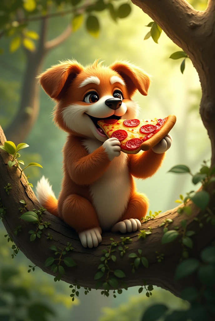 Dog on tree eating pizza