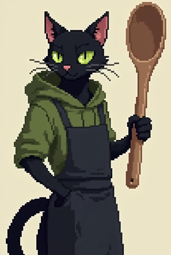(pixel art), skinny male black cat with green eyes, wearing a olive hoodie and a black chefs apron, holding a big wooden spoon like a sword