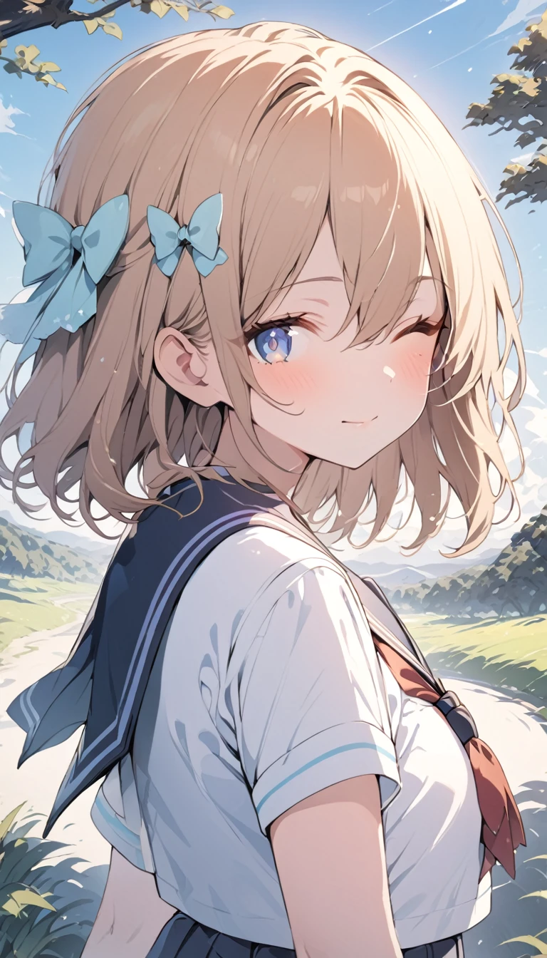 (Very delicate and beautiful: 1.2), One girl, Fashionable Girl, bangs, Cute eyes, bow, Brown Hair, Mouth closed, Landscape, Hair between the eyes, hair bow, Short sleeve, Looking at the audience, Medium Hair, alone, Upper Body, school uniform: 1.3, ((alone)), (masterpiece), blonde