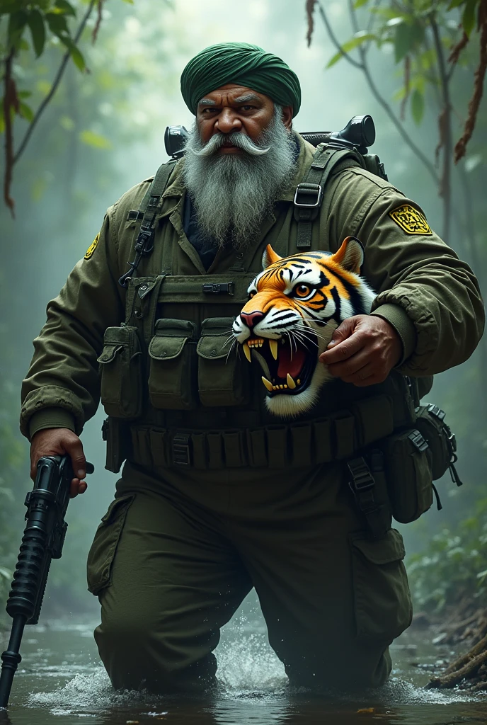(a dark-skinned fat muscular sikh old man in camouflage diver suit) carrying a gun in right hand, (carrying realistic roaring tiger mask), dynamic action pose, fierce expression, showcasing an imposing stature, surrounded by military elements, dramatic shadows and intense highlights, cinematic color tones, high detail, powerful, art influenced by Bruce Onobrakpeya and Stanley Artgerm, ultra-detailed, best quality image, action-packed atmosphere. fighting stance. patrolling in a swamp