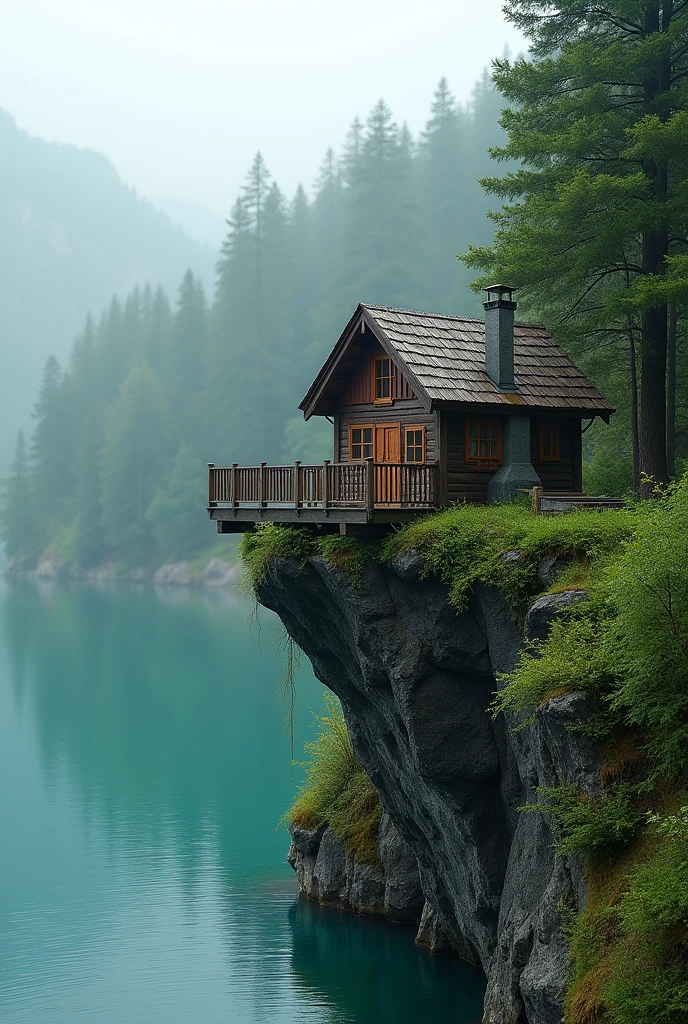 The image is a photograph of a beautiful cabin on a cliff overlooking a lake. The cabin is made of wood and has a sloping roof with a chimney on top. It has a porch with a railing and steps leading up to the entrance. The lake is calm and the water is a deep turquoise color. The cliff is covered in greenery and there are trees on either side of the cabin. The sky is overcast and the overall mood of the image is peaceful and serene.