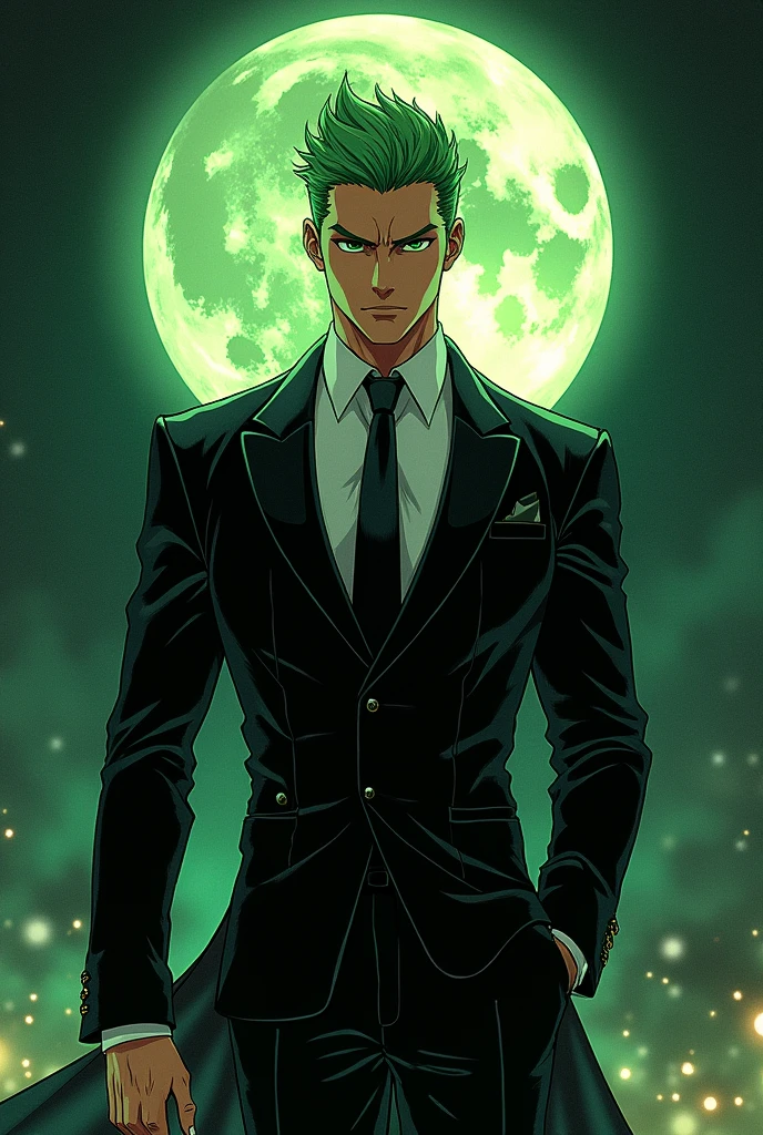Rurono Zoro, handsome muscular man, wearing beautiful elegant black_green suit, dark_fantasy, green hair, moon, pixiv, , elegant spooky, ffxiv, dramatic light, fantasy background, , Tsutomu Nihei style, vibrant colors, Manga nib pen style, dramatic lighting, beautiful_sparkle background, ((shiny )), glistening, highly detailed, light, spooky atmosphere — quality, ((more details:1.5))