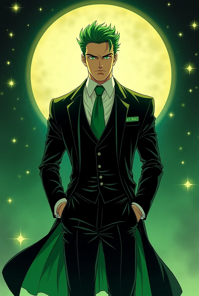Rurono Zoro, handsome muscular man, wearing beautiful elegant black_green suit, dark_fantasy, green hair, moon, pixiv, , elegant spooky, ffxiv, dramatic light, fantasy background, , Tsutomu Nihei style, vibrant colors, Manga nib pen style, dramatic lighting, beautiful_sparkle background, ((shiny )), glistening, highly detailed, light, spooky atmosphere — quality, ((more details:1.5))
