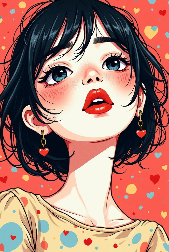 Mika Pikazo colorful style, Simple Line Initialism,Abstract art,(((The most beautiful girl of all time))), Sweet face. (((Lips in love))), colorful hearts, stylish design, 夏のオシャレなTシャツ, 黒い瞳,