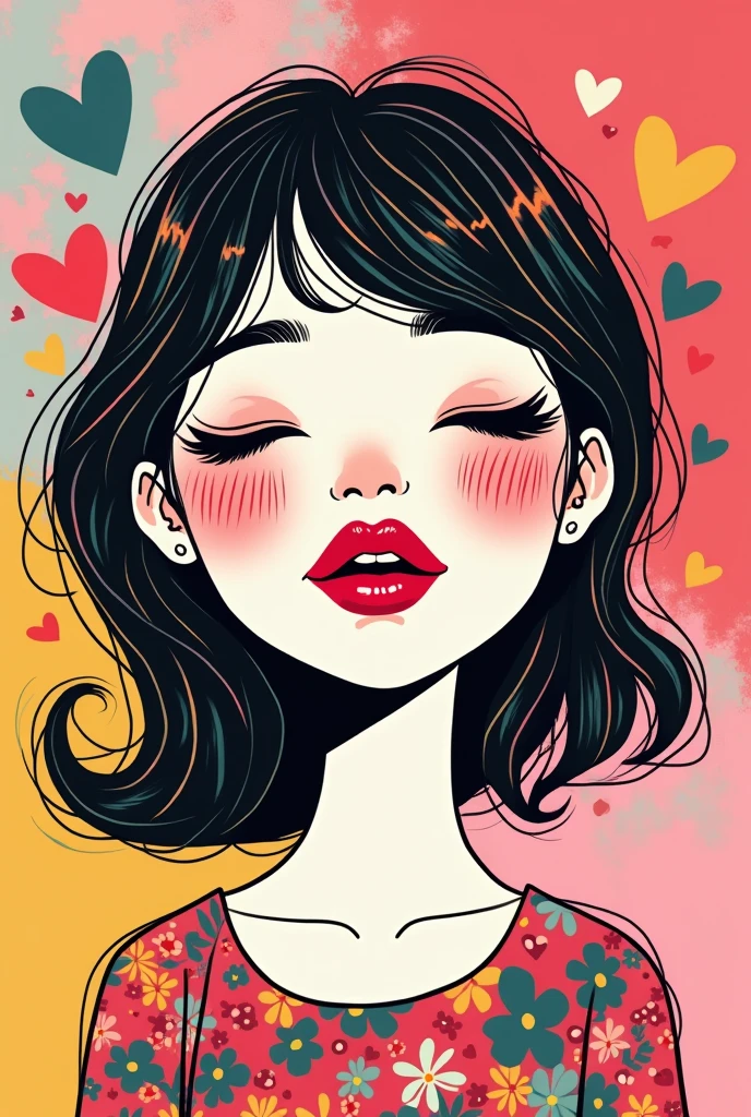 Mika Pikazo colorful style, Simple Line Initialism，Abstract art，(((The most beautiful girl of all time))), Sweet face. (((Lips in love))), colorful hearts, stylish design, 夏のオシャレなTシャツ, 黒い瞳,