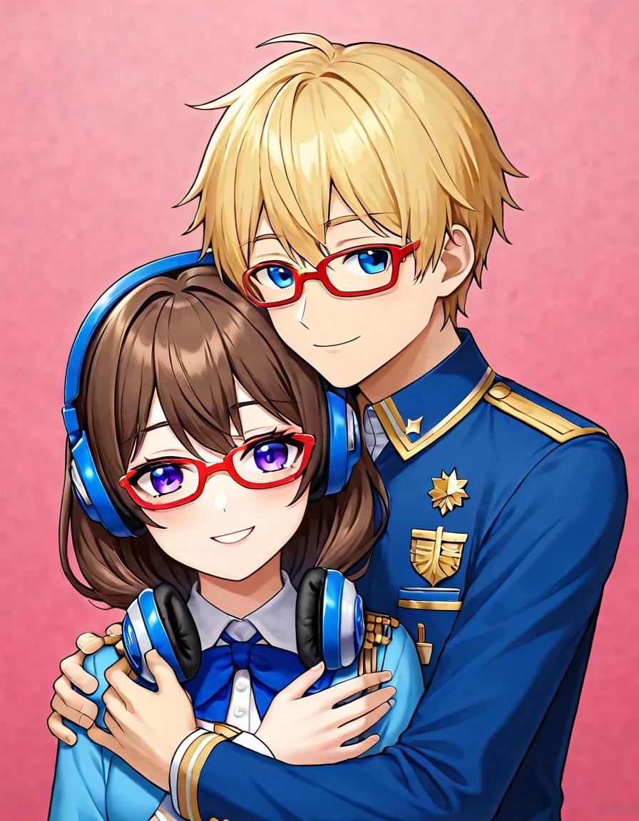 (masterpiece, best quality, very aesthetic, ultra detailed), 1 girl,intricate details,short brown / brunette haired, blue eyes, red frame glasses, kif uni blue uniform, 1guy, shaggy brownish/blonde hair, purple eyes, headphones around neck, soft features, Blue university uniform, hugging girl  
