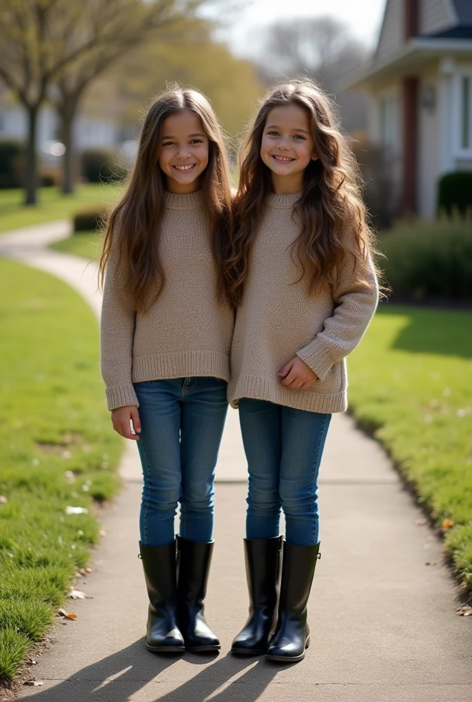 Show entire body, Feet in view, Aerial photography,  twins , Brown hair, black overkneeboots, blue jeans, neighborhood, Sunny day, smiling, 