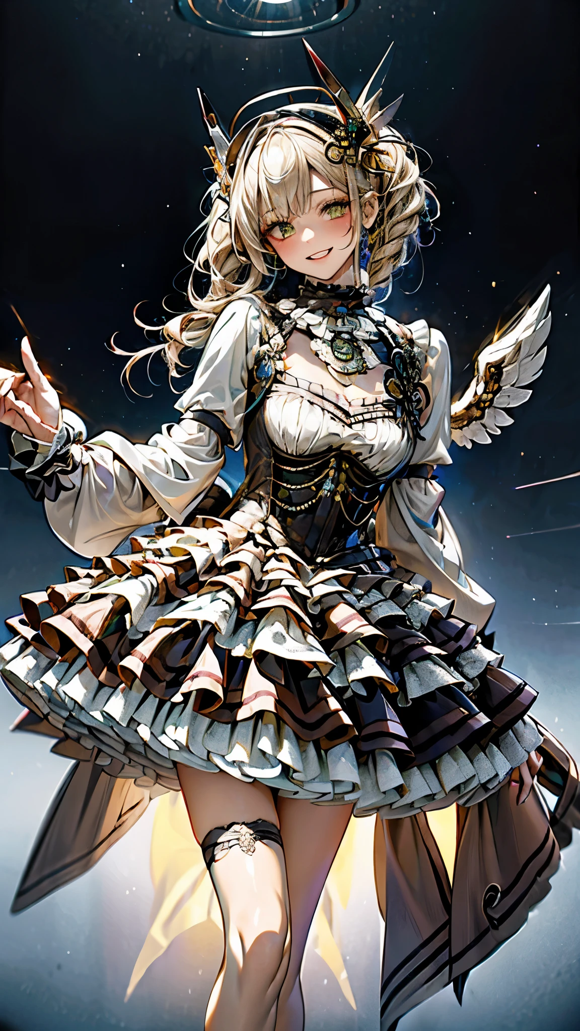 Cyborg, Girl, Beautiful girl, Cute, Sexy, Strong, Slender, Delicate, Smile, (ta costume), High legs, Metallic, ultra color, paisley, Headgear, mandalas, Near future, Heaven, angel, feater, wing, Helix lamp