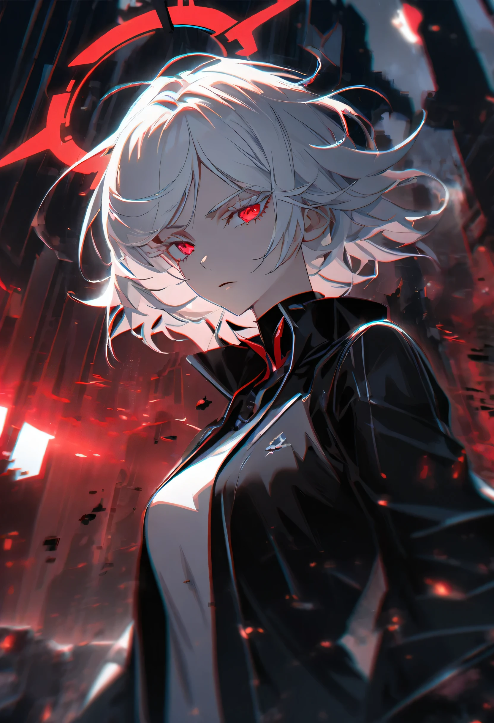1girl, white hair, wild hair, red eyes, (white eyelashes:1.2), emotionless, red glow halo, mature, black coat, short hair, (chromatic aberration:1.2), reality break, destruction city, solo, (evil godness:1.2), digital dissolve, dynamic pose