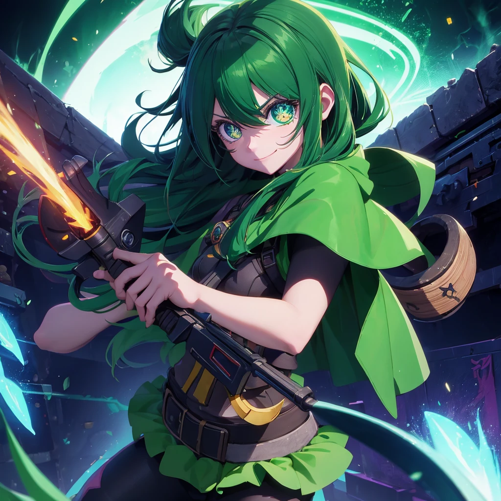 SHARPSHOOTER dota 2, anime style, green color, eye, cute, hoodwink, cute girl, happy, human hands