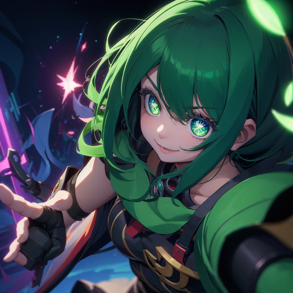 SHARPSHOOTER dota 2, anime style, green color, eye, cute, hoodwink, cute girl, happy, human hands