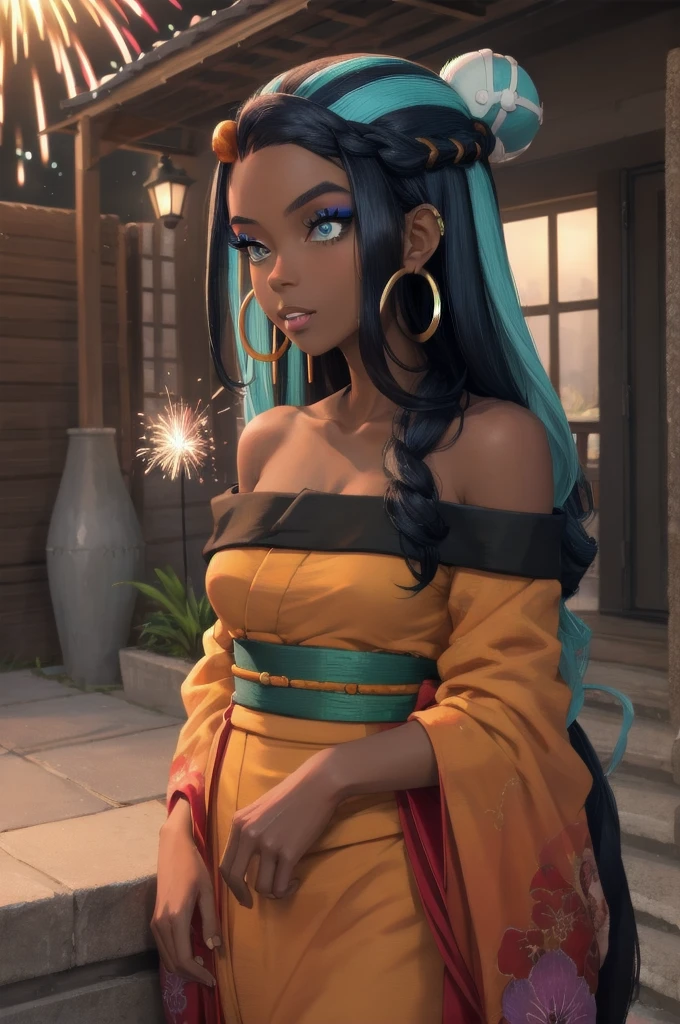 masterpiece, best quality, solo, 1girl, nessarnd, dark skin, makeup, parted lips, single hair bun, kimono, hoop earrings, bare shoulders, fireworks 