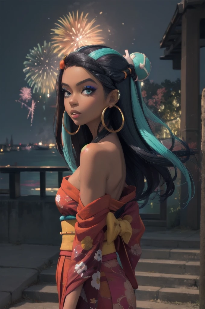 masterpiece, best quality, solo, 1girl, nessarnd, dark skin, makeup, parted lips, single hair bun, kimono, hoop earrings, bare shoulders, fireworks