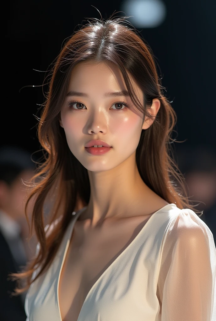 (best quality, ultra-detailed, realistic:1.37), professional, beautiful detailed eyes, beautiful detailed lips, detailed facial features, natural skin tones, perfect skin texture, delicate facial expressions, image in high resolution, realistic face, realistic skin, plain face, natural smile, highly detailed hair, (Hana), 18yo, (a South Korean fashion model), struts down the runway during Seoul Fashion Week. Dressed in a cutting-edge designer outfit, she exudes confidence and style. The high-resolution image captures ultra-detailed realism, highlighting Hana's captivating eyes, long eyelashes, and flawless complexion. The glamorous runway setting and fashionable crowd create a visually stunning representation of South Korean fashion and elegance.
