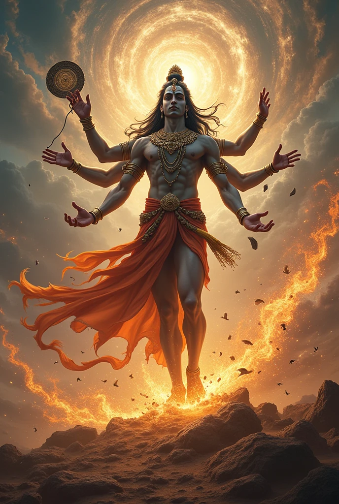 Vishnu’s Intervention:** To restore cosmic balance, Lord Vishnu intervenes, leading to the dismemberment and scattering of Sati’s body across the land. ( Chakr (one circle plate in his right hand ) in Vishnu's hand and Vishnu with only four hands )
