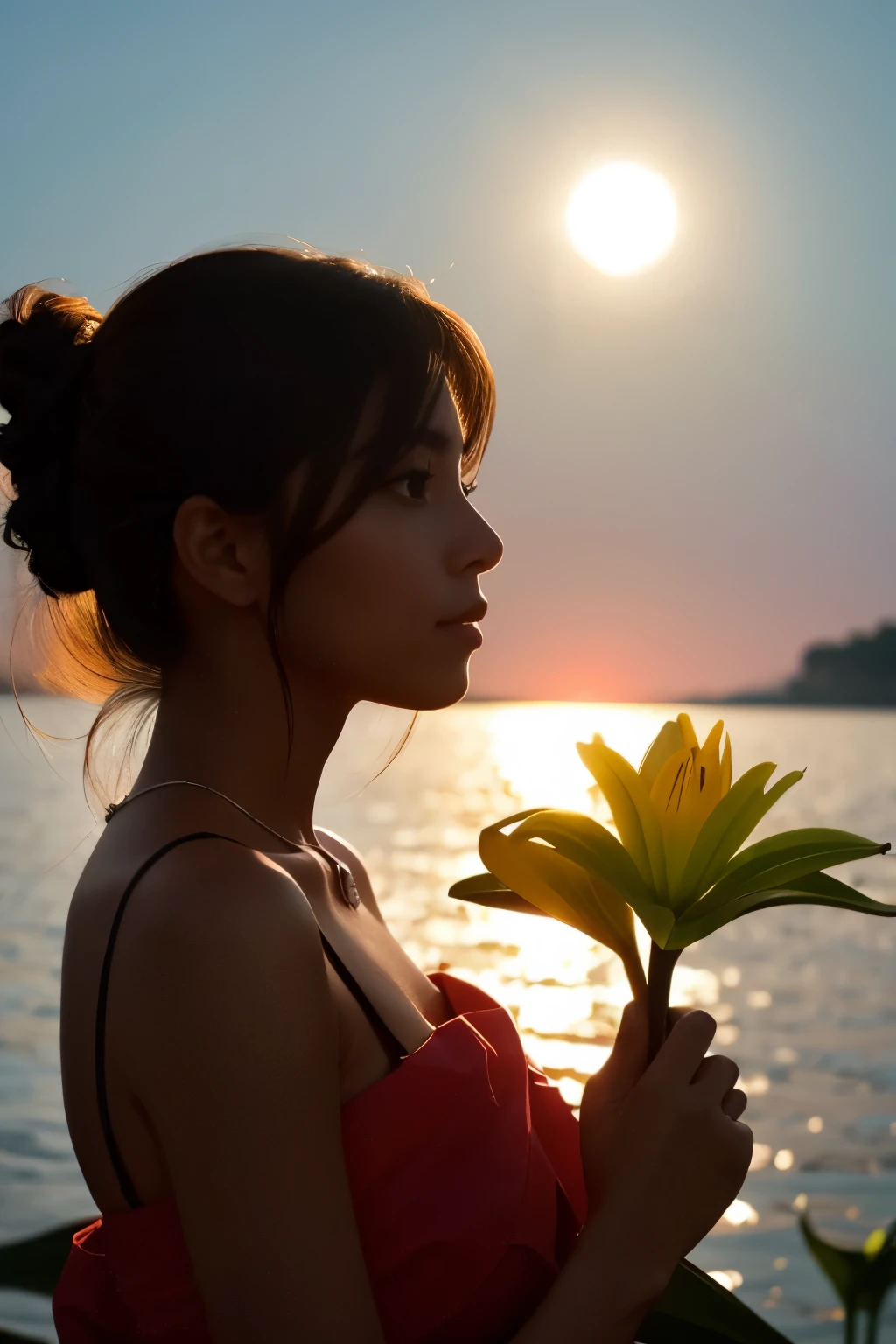 Silhouette of a beautiful woman holding a lily flower