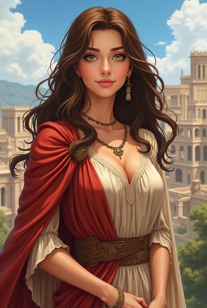 Olive skin, brown wavy hair, green eyes, Middle-aged woman, beauty, Ancient city in the background, Clothing style of antiquity, silk dress, Reveals skin on the legs, Reveals skin on the hips, Upper body covered by a sun cape, Anime Style