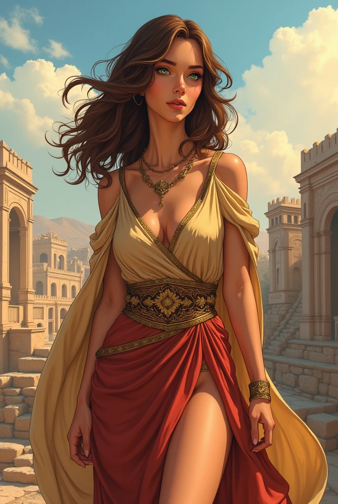 Olive skin, brown wavy hair, green eyes, Middle-aged woman, beauty, Ancient city in the background, Clothing style of antiquity, silk dress, Reveals skin on the legs, Reveals skin on the hips, Upper body covered by a sun cape, Anime Style