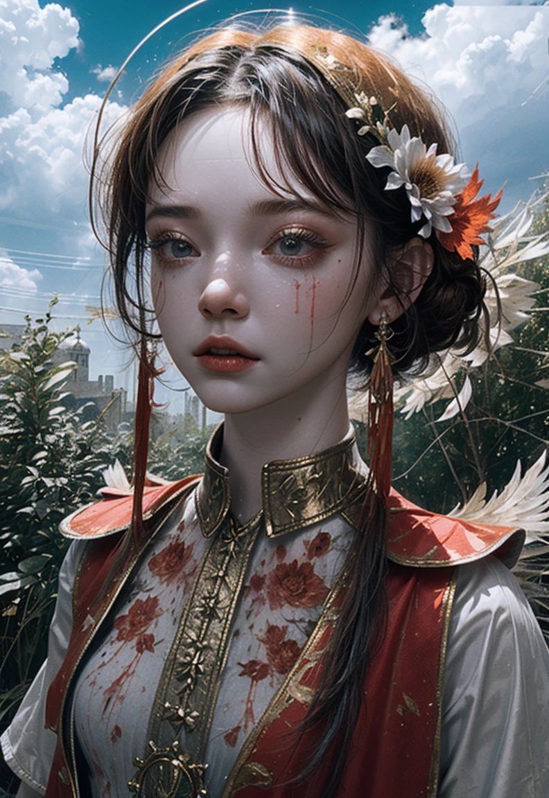 (((The best quality))), (((ultra detailed))), (((masterpiece))), illustration,(La cloud de blood roja oscura flota en el aire,the red bat,magia de blood),1girl,sex, perfect face,One of her hands waved a whip, volumetric illumination,Chica sexy wowdk,Crazy smile,lluvia de blood roja, Cuervo,cemetery, fantasy, underground castle, ((Muted colors, evening, darkness)), make-up, mascara,translucent skin, Halftones,cloud,light_particuls,Eldenring\(Small\) 1girl, winged helmet, red cape, (Small_move:1.3), covered eyes, blood,Red hair,(damn you_left_arm:1.3)