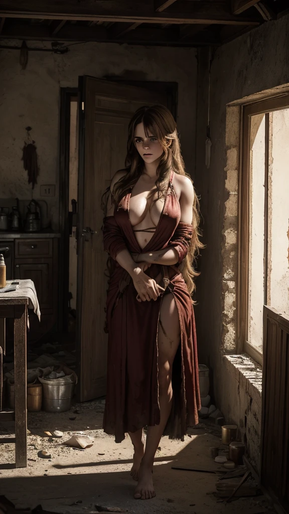 ((Emma Watson)) (long hair:2.0, big breast:1.6), red ancient dress split, thigh gap, chest split, (Top quality, 4k, 8K, high resolution, Masterpiece: 1.2), Super detail, (realistic, photo realistic, photo-realistic: 1.37), horror, mass kidnapping, forced collective sex, sex slave, Red slit, split cloth, helpless beautiful girl, struggling, seductive beauty, Wild gang members, tied realistic hands and feet. In an abandoned tuff house, sassi_di_matera in background, dusty atmosphere, quiet cries, blood-freezing cries, begging for mercy, pain and anguish, anxious shadows, gritty textures, horrible