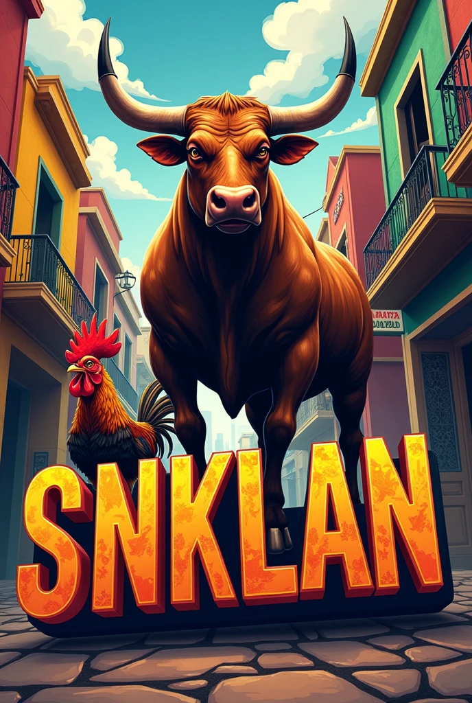Letters that say SNKLAN IN THE BACKGROUND A BULL NEXT TO A GANGSTER-STYLE ROOSTER in a Mexican neighborhood