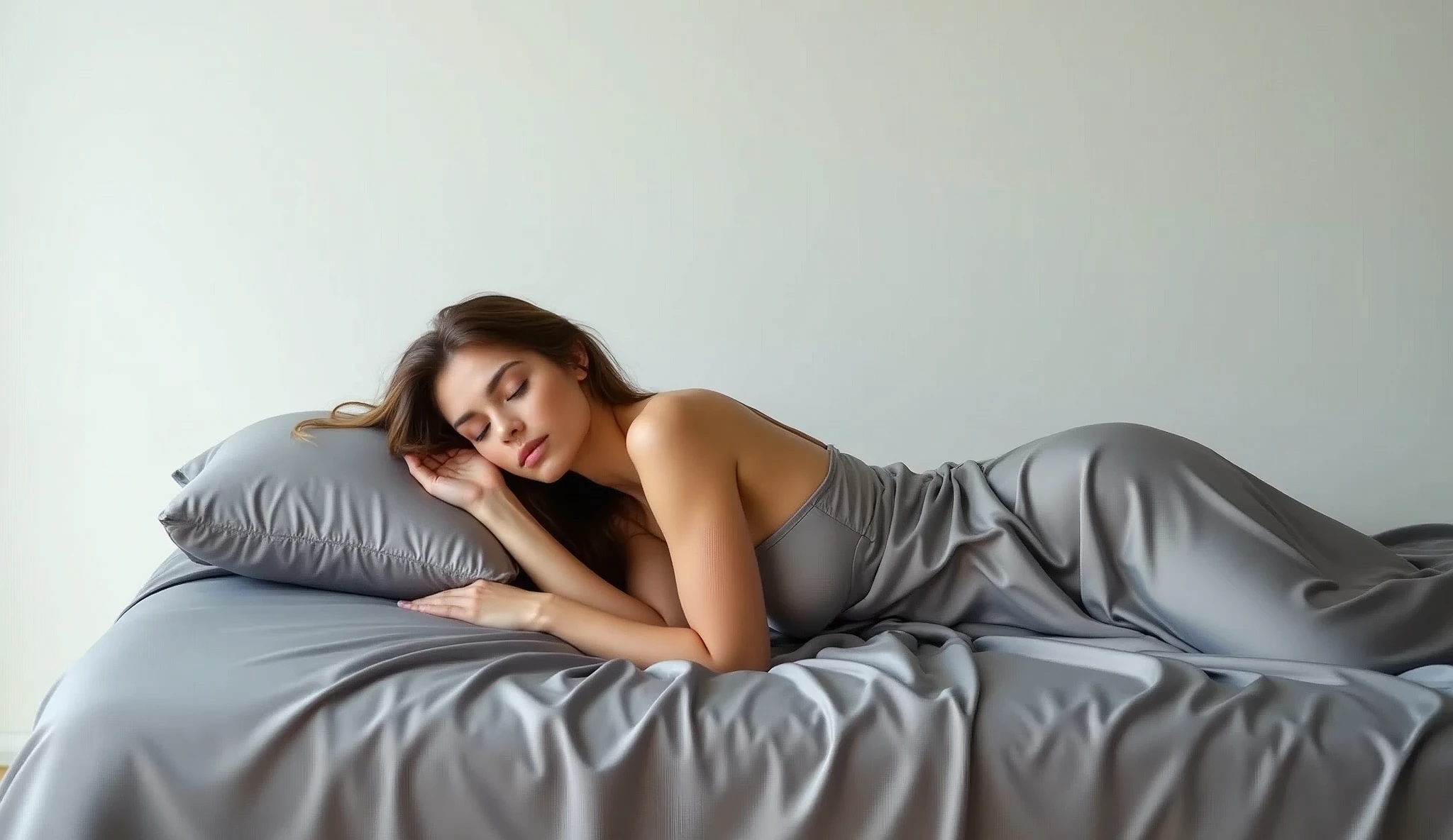 A serene bedroom scene with a seamless, shadowless, minimalistic white wall backdrop. The camera is positioned at a perfect side angle. A gray satin bedspread covers the bed, showing natural, soft wrinkles. A Caucasian female model with tanned skin is lying on her side on the bed, with her head resting on a pillow , Her eyes are closed, and her long, smooth hair flows naturally. She is covered with a glossy bedsheet. The lighting is bright and soft, highlighting the silky texture of the bedding, which cascades gracefully to the floor