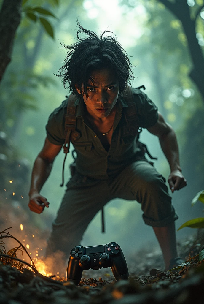 Central Character Focus: Show the main character in a dramatic pose, perhaps with a look of determination or fear. Include elements like a game controller or an island backdrop to convey the gaming and survival aspects 16:9 