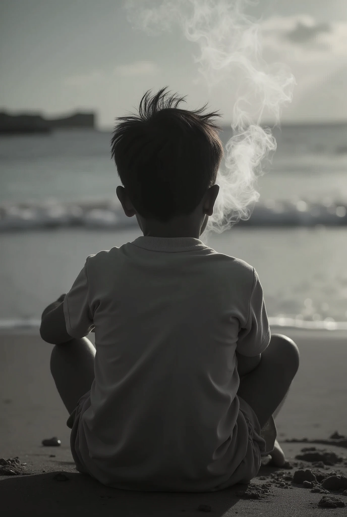 A Backside Boy sitting In beach with Smoke Cigarettes grey black Background a boy with black