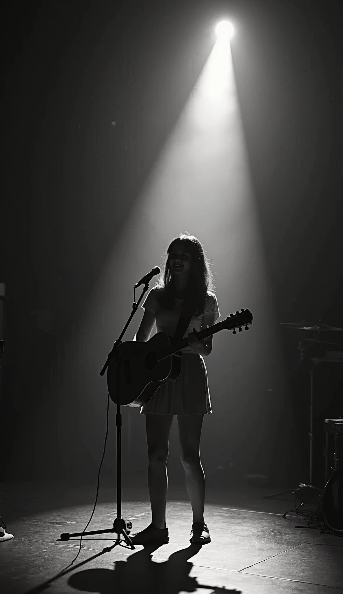 A age girl in 1987 standing on a stage in one single spotlight light with a guitar