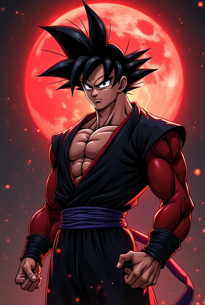 Son Goku , handsome man, muscular body, wearing beautiful elegant black_red suit, dark_fantasy, black spiky hair, red moon, pixiv, , elegant spooky, ffxiv, dramatic light, fantasy background, , Tsutomu Nihei style, vibrant colors, Manga nib pen style, dramatic lighting, beautiful_sparkle background, ((shiny )), glistening, highly detailed, light, spooky atmosphere — quality, ((more details:1.5))