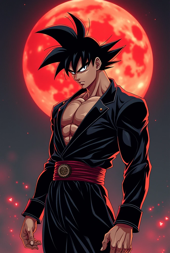 Son Goku , handsome man, muscular body, wearing beautiful elegant black_red suit, dark_fantasy, black spiky hair, red moon, pixiv, , elegant spooky, ffxiv, dramatic light, fantasy background, , Tsutomu Nihei style, vibrant colors, Manga nib pen style, dramatic lighting, beautiful_sparkle background, ((shiny )), glistening, highly detailed, light, spooky atmosphere — quality, ((more details:1.5))