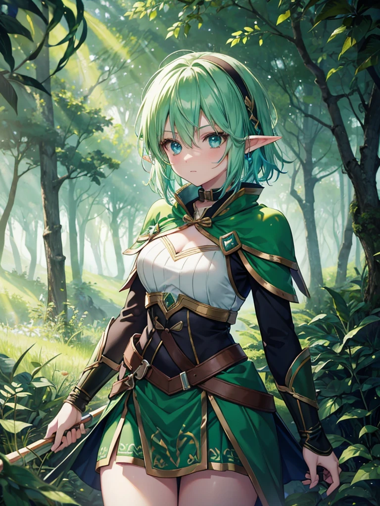 Fantasy female elf Archer in  green elf armor in a forest, cyan eyes, black and cyan hair, short hair, two tone hair,  forest background, 