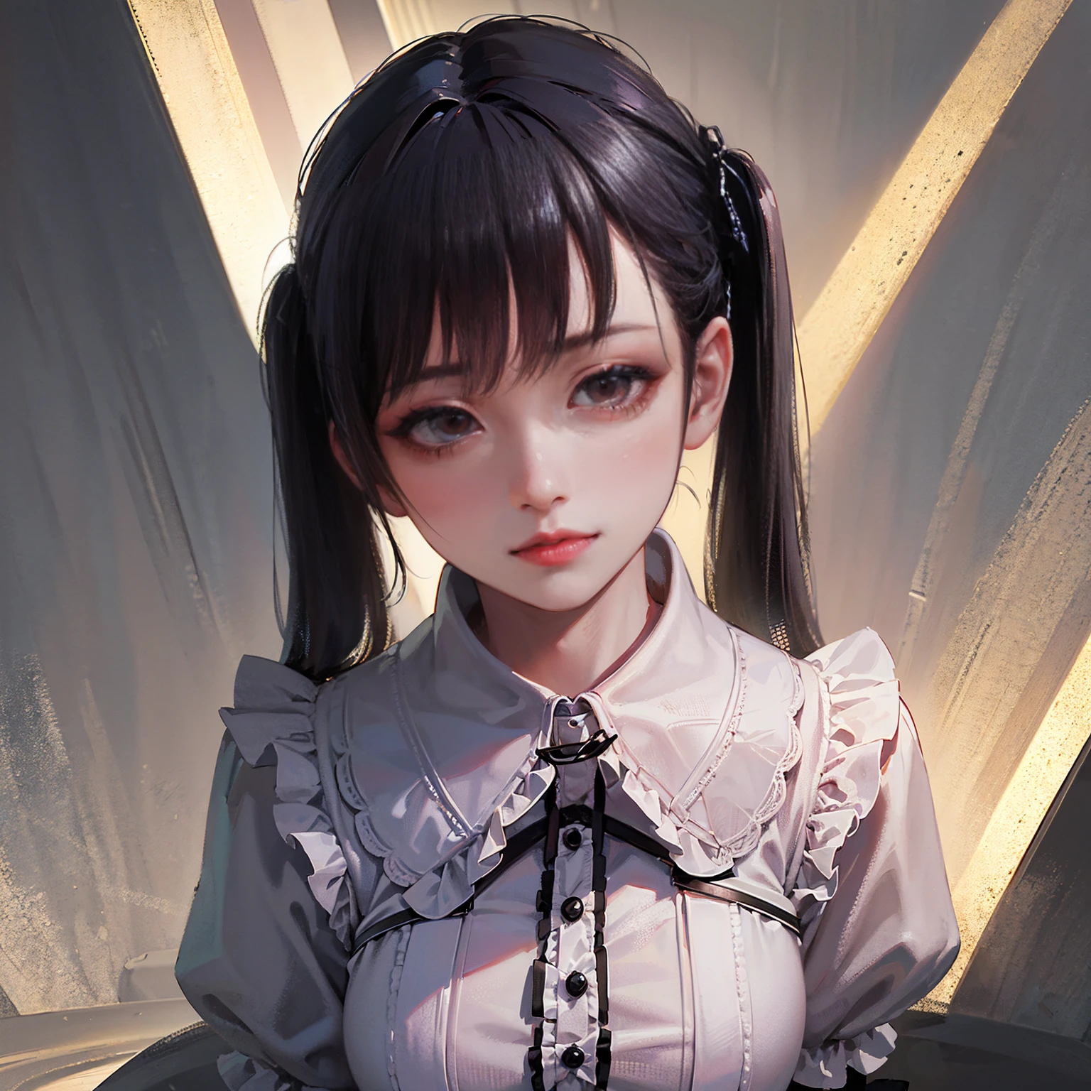 (8k, RAW Photos, Very delicate and beautiful, Ultra-high resolution, Highest quality, masterpiece: 1.2), (Real、Photorealistic: 1.4), (Highly detailed 8K wallpapers, 3d), Cute girl like a doll, highly detailed dress, Gothic, Lolita, Big ribbon, Twin tails, Blunt bangs, Highly detailed glossy black hair, Transparent white skin, Pink Cheeks, Big, round brown eyes, Tear bags, Long eyelashes, Thin lips, slightly raised corners of the mouth, round face, Simple Background, From above, Looking at the camera, Cinematic, Dramatic, In the Studio, The best light, Backlit, Perfect composition,