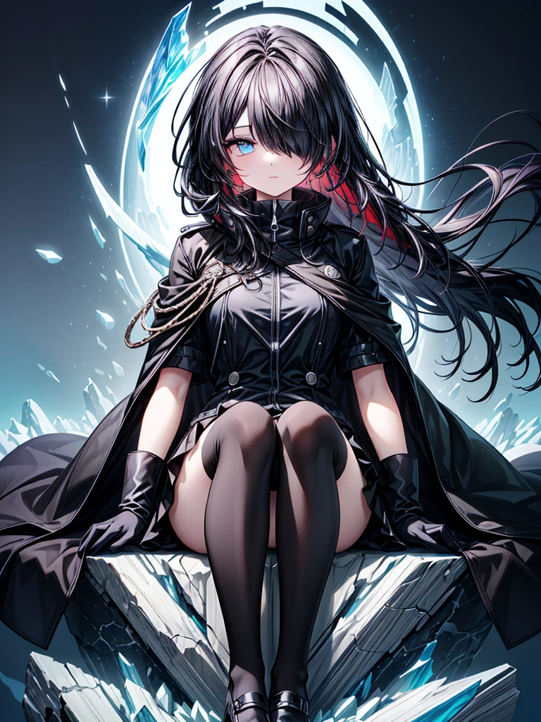 ((spread legs, sitting)),((Celestial Glacier)),(skirt-lift),((show panties)),((Highest quality)),((black micro mini length skirt)),((alone)),((Deep blue pupils)),((sparkling eyes)),(Beautiful Blue Eyes),((Wearing a black coat)),(((Wearing black tights))),(Slim body),((length, Shiny black hair)),((Her hair is parted, and you can see her eyes through it)),((Wearing black gloves)),((hair over one eye,long hair)),((Complex background)),((Hair blowing in the wind)