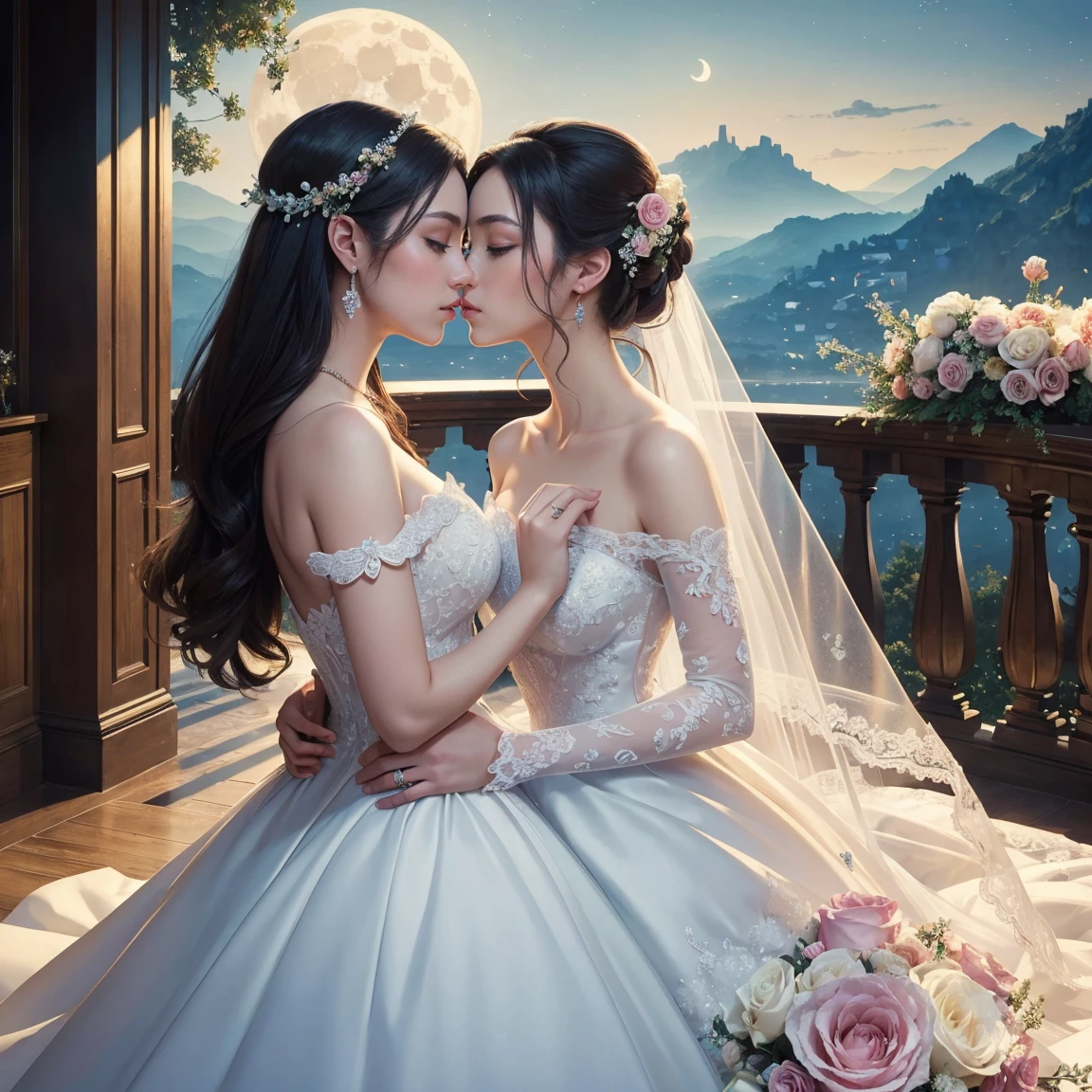 (masterpiece, highest quality, official art, beauty and aesthetic:1.5), perfect anatomy, perfect hands, two stunning bride is deeply in love with each other, kiss, romantic atmosphere, flower and moon, magnificent panorama view