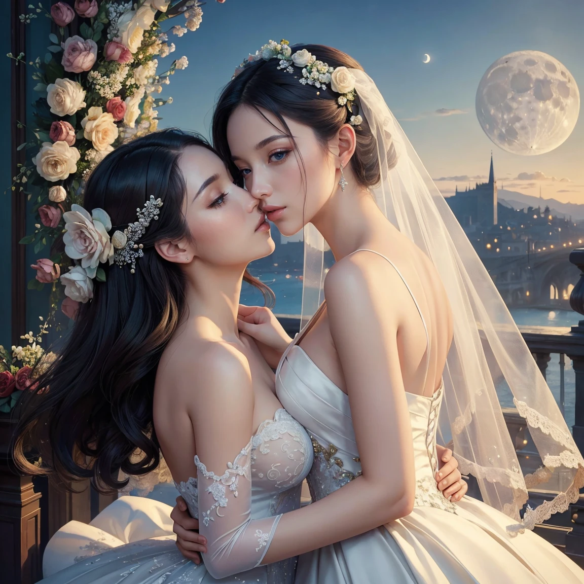 (masterpiece, highest quality, official art, beauty and aesthetic:1.5), perfect anatomy, perfect hands, two stunning bride is deeply in love with each other, kiss, romantic atmosphere, flower and moon, magnificent panorama view