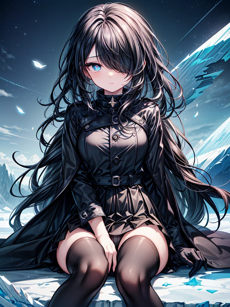 ((spread legs, sitting)),((Celestial Glacier)),(skirt-lift),((show panties)),((Highest quality)),((black micro mini length skirt)),((alone)),((Deep blue pupils)),((sparkling eyes)),(Beautiful Blue Eyes),((Wearing a black coat)),(((Wearing black tights))),(Slim body),((length, Shiny black hair)),((Her hair is parted, and you can see her eyes through it)),((Wearing black gloves)),((hair over one eye,long hair)),((Complex background)),((Hair blowing in the wind)