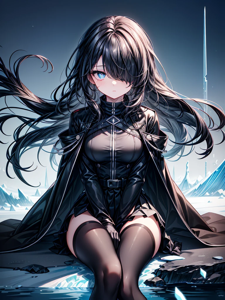 ((spread legs, sitting)),((Celestial Glacier)),(skirt-lift),((show panties)),((Highest quality)),((black micro mini length skirt)),((alone)),((Deep blue pupils)),((sparkling eyes)),(Beautiful Blue Eyes),((Wearing a black coat)),(((Wearing black tights))),(Slim body),((length, Shiny black hair)),((Her hair is parted, and you can see her eyes through it)),((Wearing black gloves)),((hair over one eye,long hair)),((Complex background)),((Hair blowing in the wind)