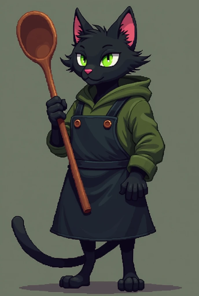 (pixel art), skinny male black cat with green eyes, curly hair, wearing a olive hoodie with the hood up and a black chefs apron, holding a big wooden spoon like a greatsword