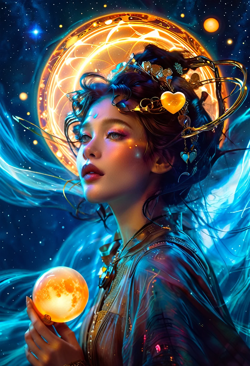 Star Rider, Vure Fall, Apoca-eclips, Pioneer of the Cosmos, Saturn, Blue eyes, Alphonse Mucha/Gustav Klimt style, Hearts, Tooth Wu Artgerm Alphonse Mucha, Deviantart, Beeple, 8k, fanart, extreme aesthetic