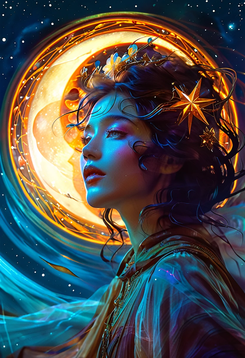 Star Rider, Vure Fall, Apoca-eclips, Pioneer of the Cosmos, Saturn, Blue eyes, Alphonse Mucha/Gustav Klimt style, Hearts, Tooth Wu Artgerm Alphonse Mucha, Deviantart, Beeple, 8k, fanart, extreme aesthetic