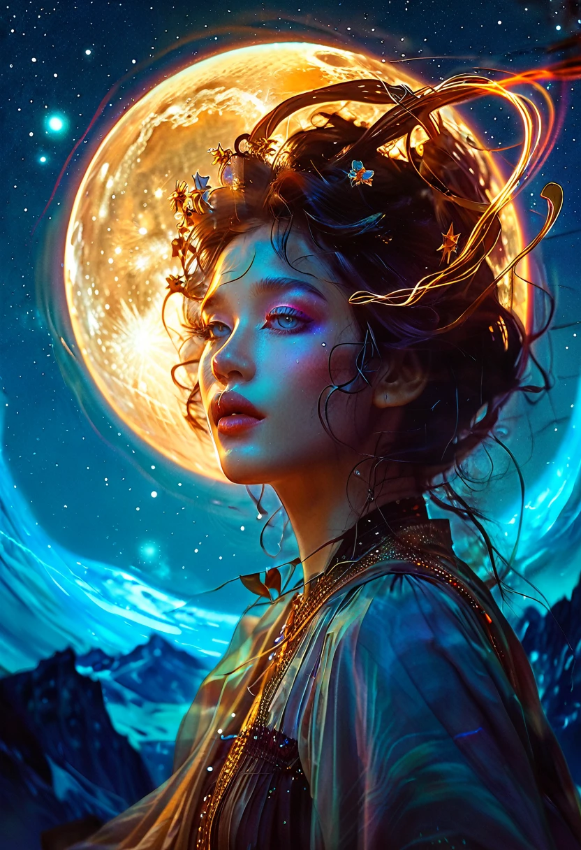 Star Rider, Vure Fall, Apoca-eclips, Pioneer of the Cosmos, Saturn, Blue eyes, Alphonse Mucha/Gustav Klimt style, Hearts, Tooth Wu Artgerm Alphonse Mucha, Deviantart, Beeple, 8k, fanart, extreme aesthetic