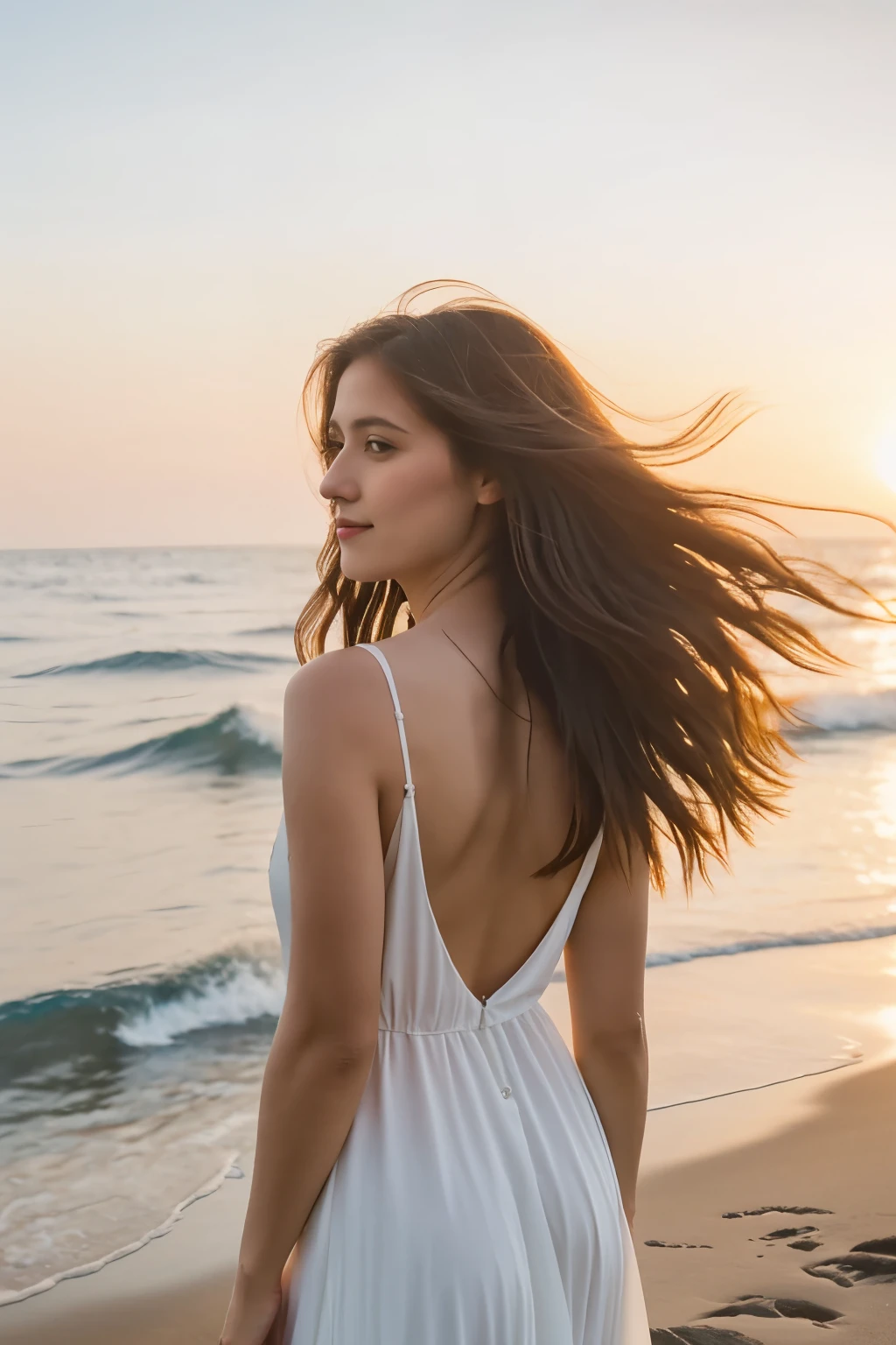"Create a detailed digital painting of a serene woman standing by the edge of a peaceful ocean at sunset. She is wearing a flowing white dress that gently moves with the sea breeze. Her hair is long and wavy, cascading down her back, catching the warm golden light. The sky is filled with vibrant hues of orange, pink, and purple, reflecting off the calm water. In the background, soft waves gently lap against the shore, and a few distant seagulls are flying over the water. The woman’s expression is calm and introspective, as she gazes out at the horizon, lost in thought.