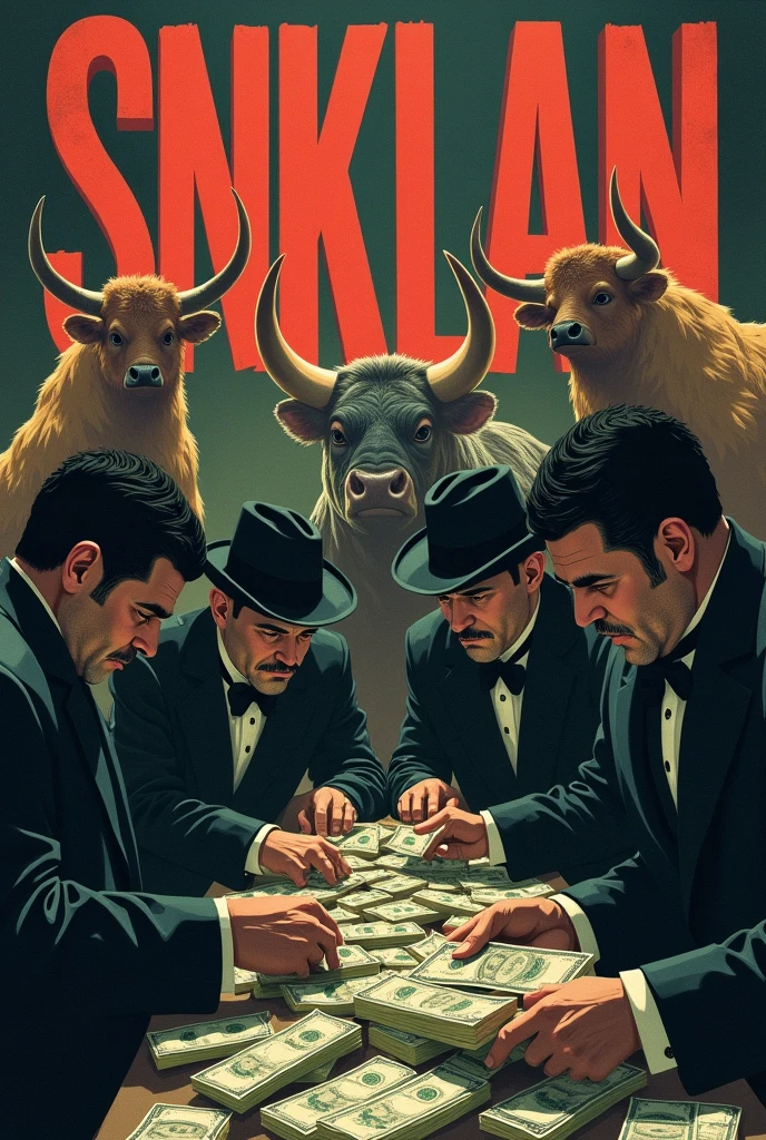 Letters that say SNKLAN IN THE BACKGROUND A BULL NEXT TO A ROOSTER mobsters counting money