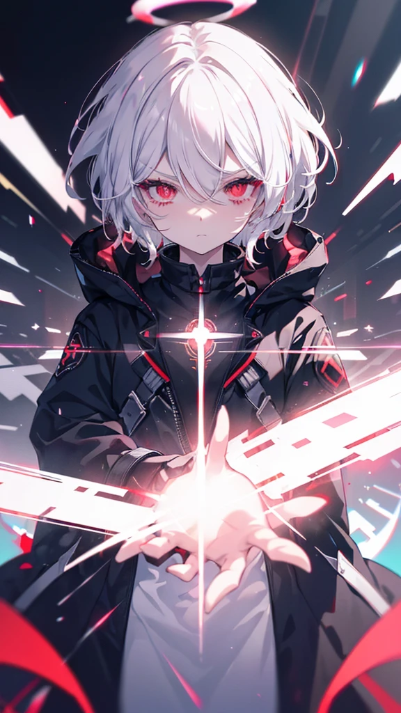 1girl, white hair, wild hair, red eyes, (white eyelashes:1.2), emotionless, red glow halo, mature, black coat, short hair, (chromatic aberration:1.2), reality break, destruction city, solo, (evil godness:1.2), digital dissolve, dynamic pose