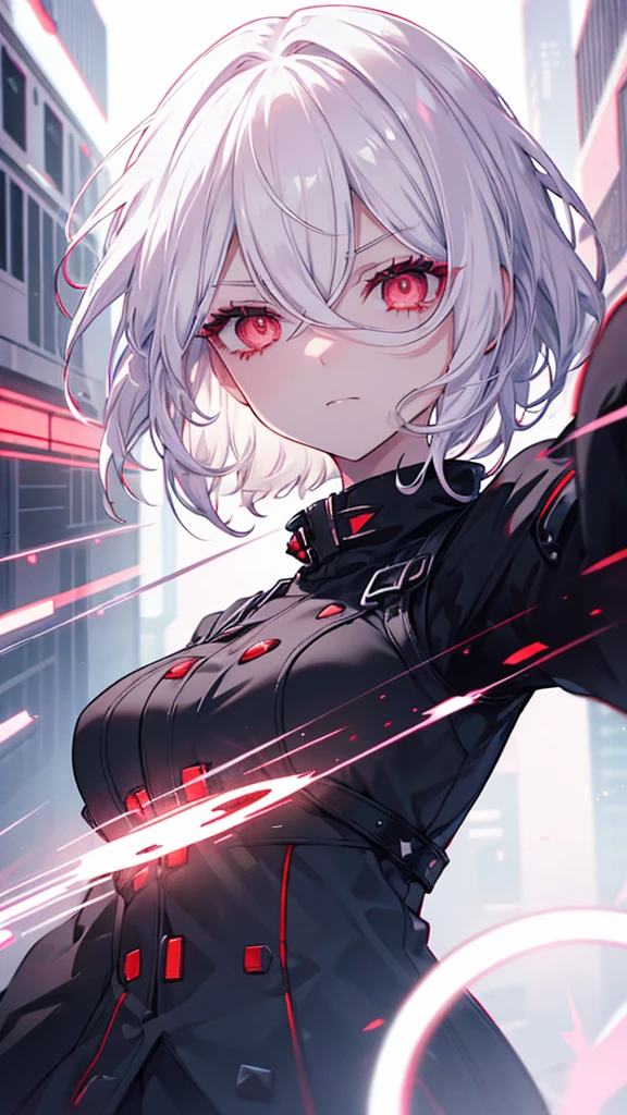 1girl, white hair, wild hair, red eyes, (white eyelashes:1.2), emotionless, red glow halo, mature, black coat, short hair, (chromatic aberration:1.2), reality break, destruction city, solo, (evil godness:1.2), digital dissolve, dynamic pose