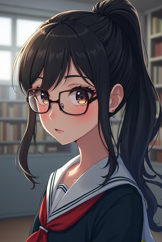 A school girl with Black hair tied up, wearing glasses 