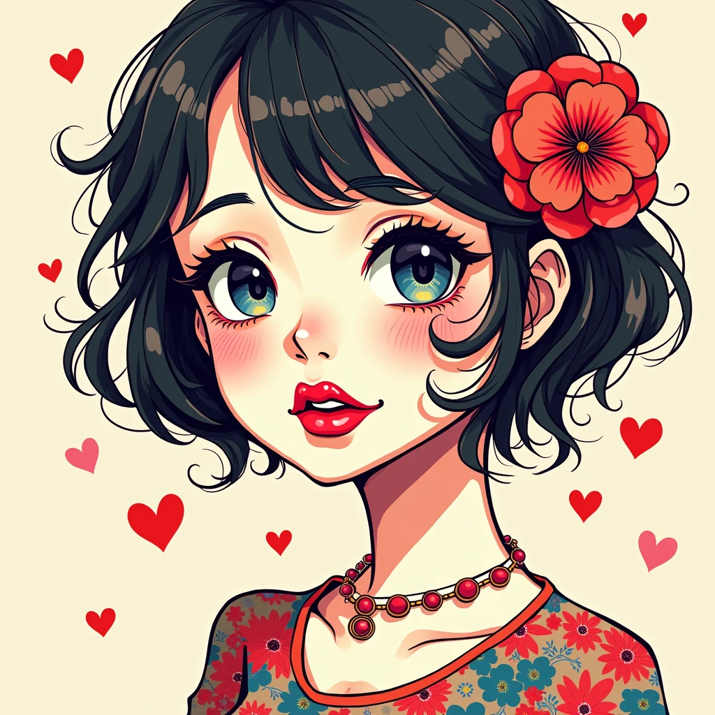 Mika Pikazo colorful style, Simple Line Initialism,Abstract art,(((The most beautiful girl of all time))), Sweet face. (((Lips in love))), colorful hearts, stylish design, 夏のオシャレなTシャツ, 黒い瞳,