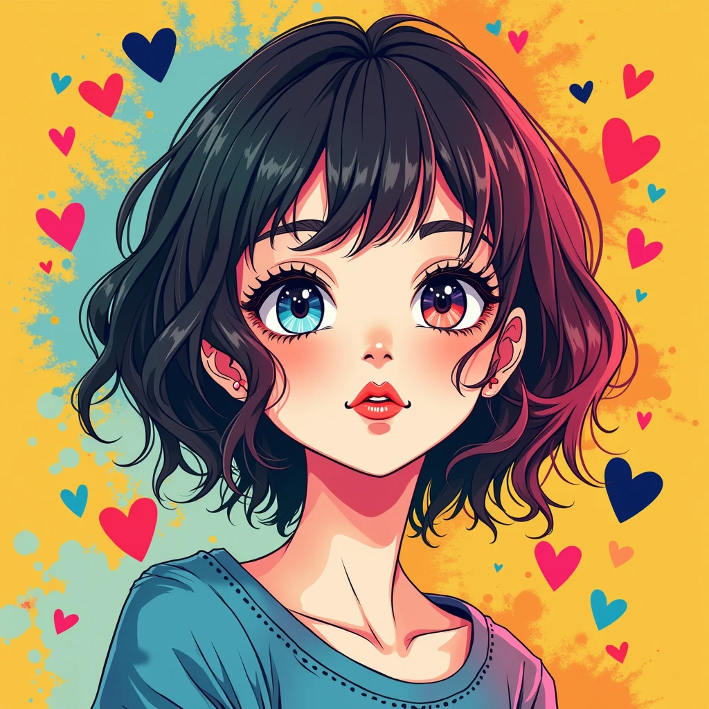 Mika Pikazo colorful style, Simple Line Initialism，Abstract art，(((The most beautiful girl of all time))), Sweet face. (((Lips in love))), colorful hearts, stylish design, 夏のオシャレなTシャツ, 黒い瞳,